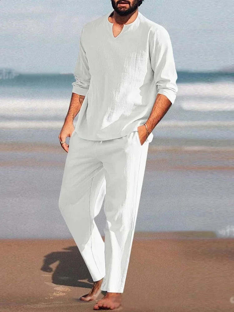 Mens suit springsummer loose cotton linen twopiece set mens solid color long sleeved zipper top pants 240812
