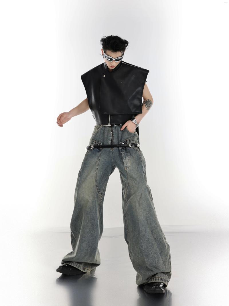 Men's Pants Avant-Garde Style Y2k Niche Vintage Washed Double Belt Jeans Loose Wide Leg Straight High Waist Trousers Bell-Bottom B4