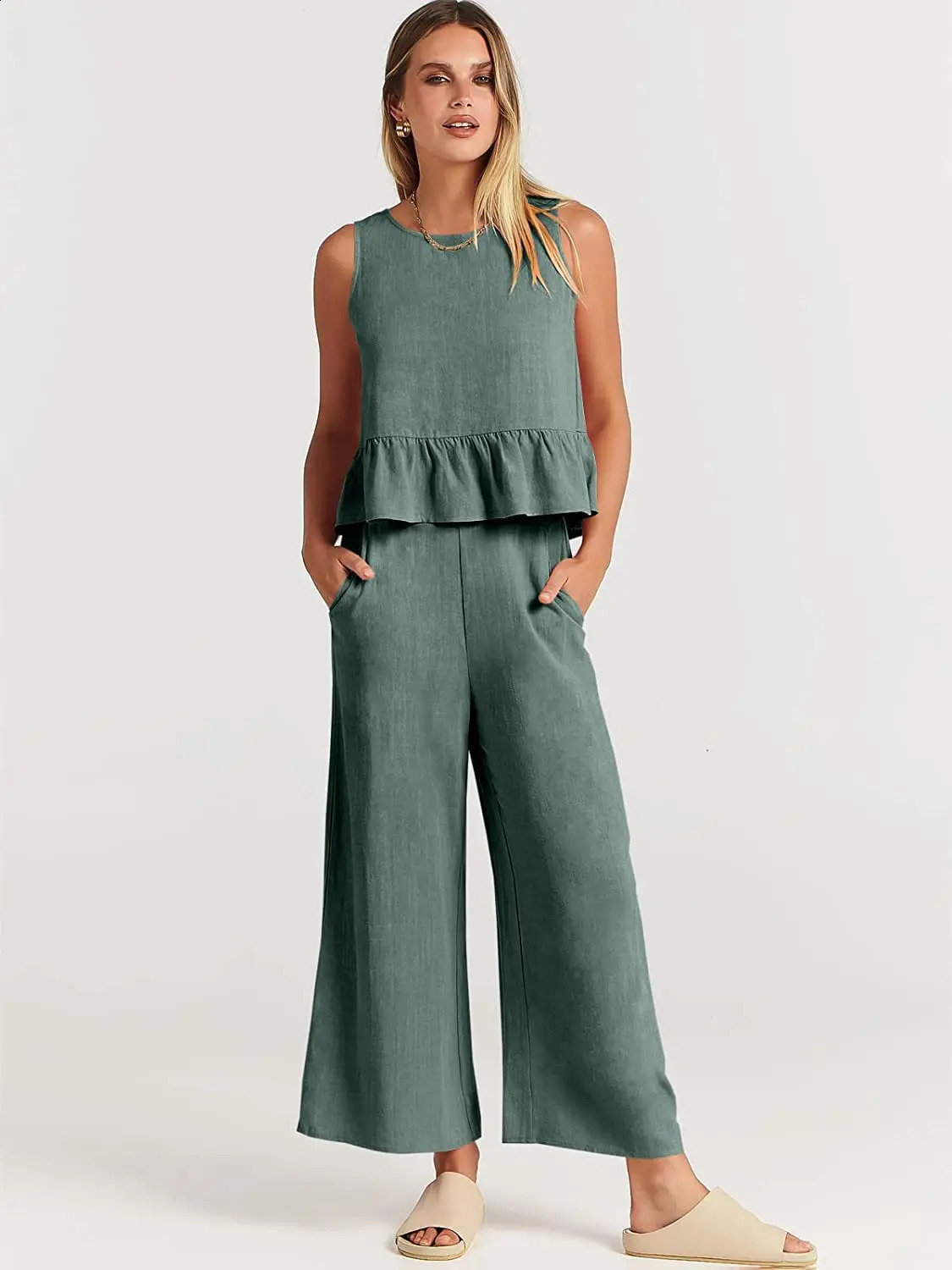 2024 Summer Two Piece Set Women Casual Sleeveless Pleated Pants Sets Wide-leg Loose Clothes 2 Piece Sets O Neck Trouser Suits 240813