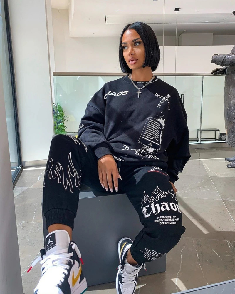 Women Outfit Letter Print Loose 2 Two Piece Set Streetwear Tracksuit Sweatshirt Joggers Pants Matching Ensemble Femme 2 pieces 240813