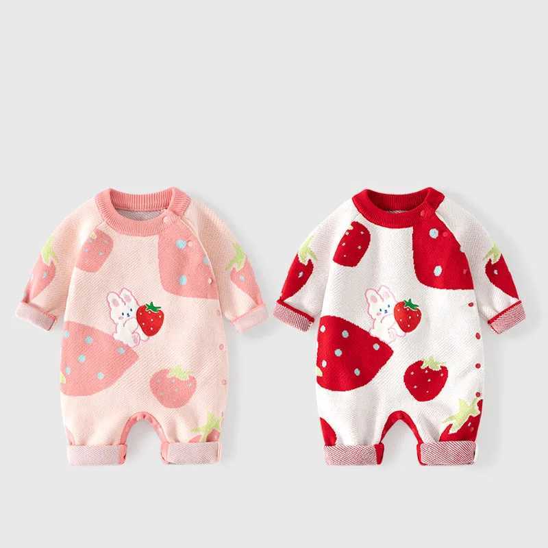 Newborn girls tight fitting clothes spring and autumn side button patches thick baby girls jumpsuit cartoon strawberry cute baby girls jumpsuit W24081