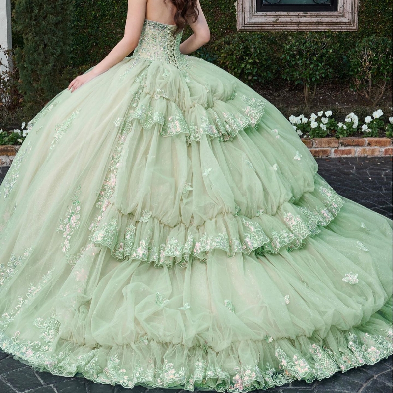 Sage Green Shiny Quinceanera Dress Ball Gown Off The Shoulder Appliques Lace Beads Crystal Tull Sweet 16 Vestidos De 15 Anos