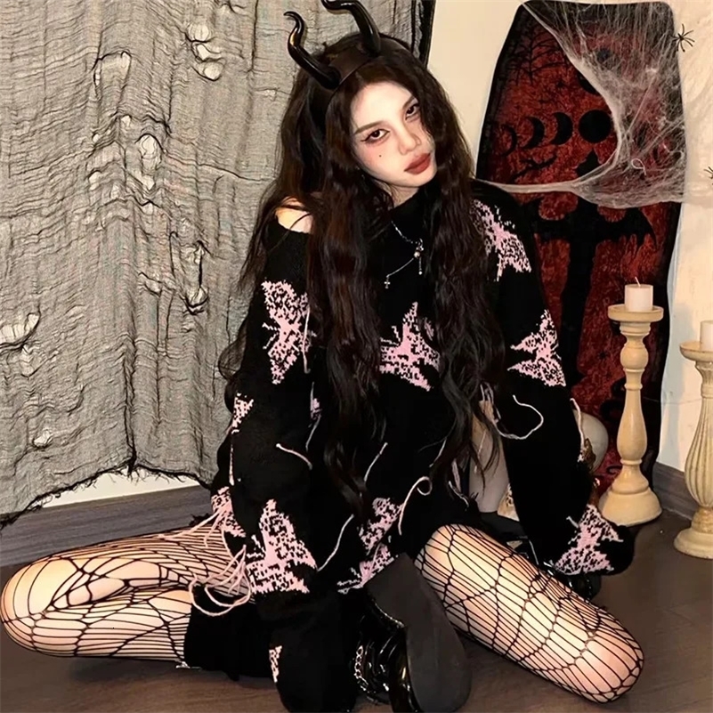 Gothic Round Neck Drop Shoulder Crop Sweater Long Sleeve Knitted Top Womens Hip Hop Pullover Tops 240812