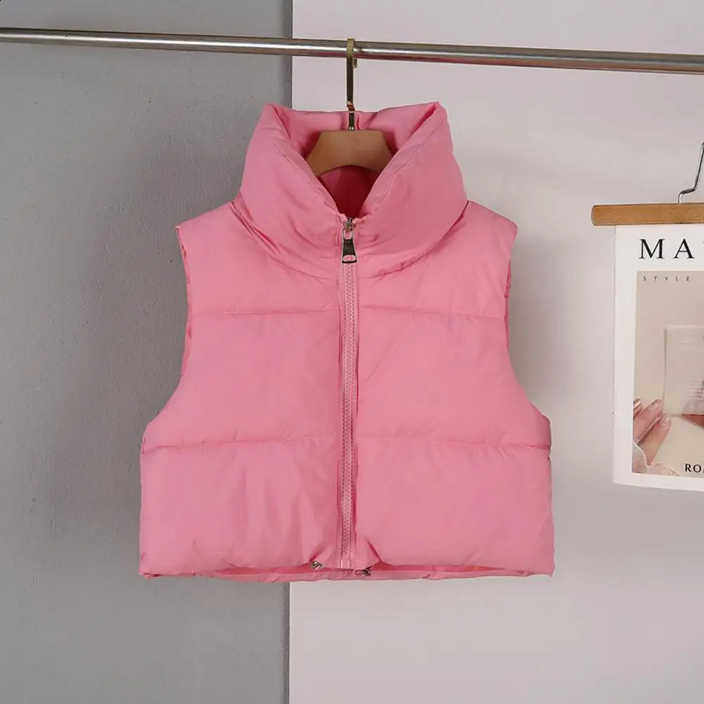 Winter Women Vest Coat Stand Collar Neck Protection Thickened Padded Zipper Closure Cardigan Sleeveless Solid Color Drawstring L 240813