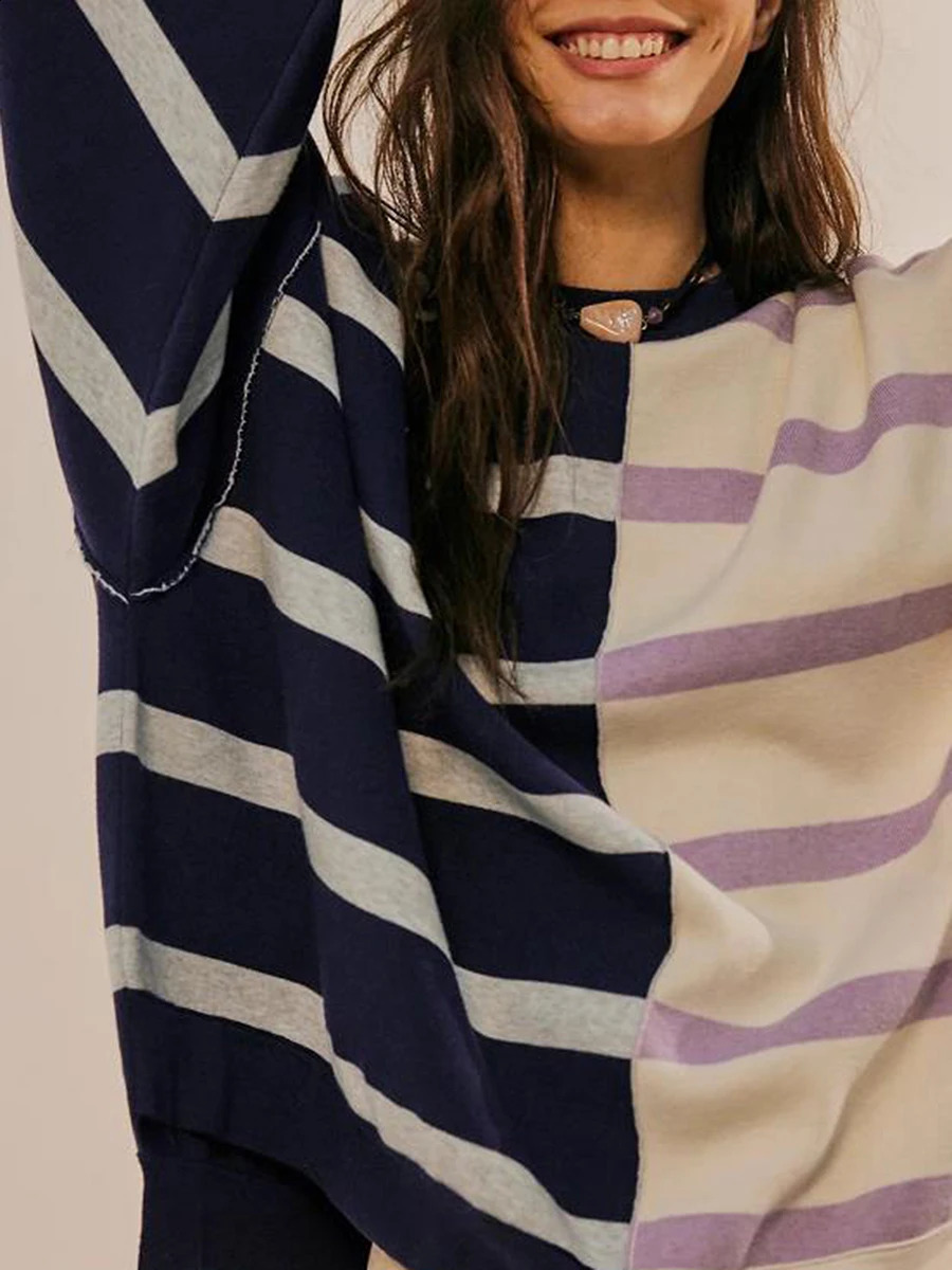 Womens autumn oversized zipper striped printed patch long sleeved round neck sweater top 240812
