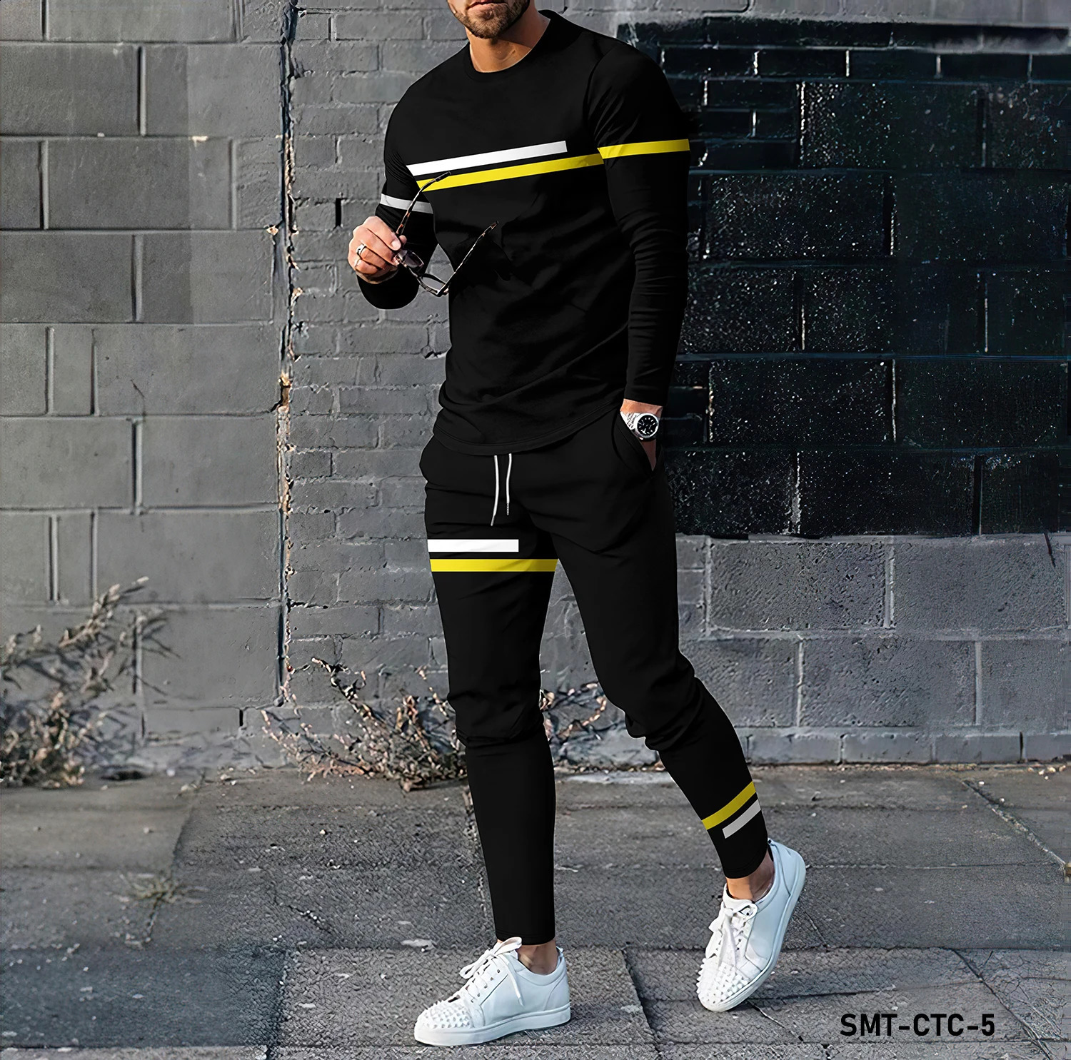 Stripe pattern 3D printing mens long sleeved T-shirt and pants set fashion clothing sportswear two-piece set 240813