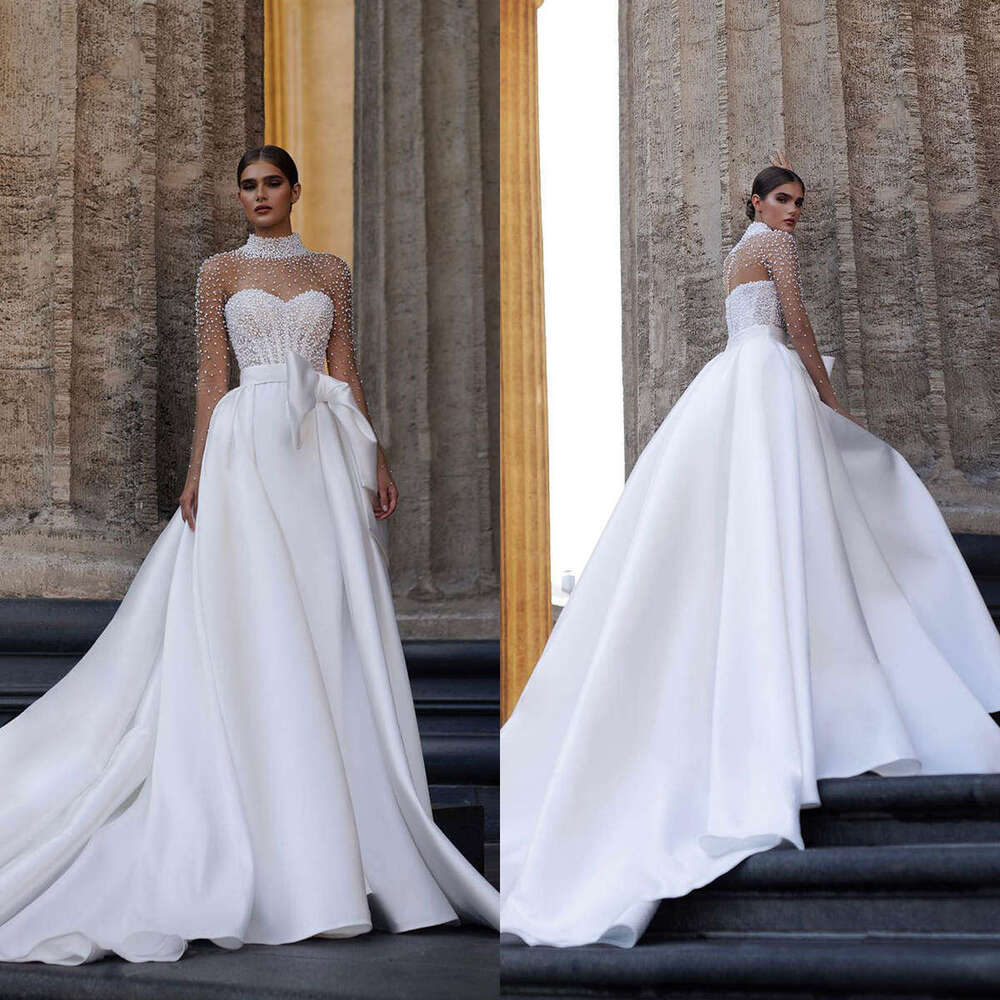 Popular A-e Gown Wedding Dresses Pearls Bow Sashes Satin Bridal Gowns High-Neck Big Vestidos De Novia Custom Size Colour