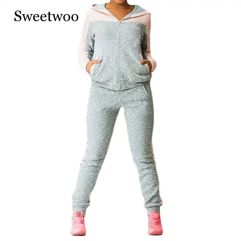 Autumn 2 Piece Set Women Tracksuit Sportswear Casual Sweat Pants Hooded Cropped Sweatshirt Hoodie 240809