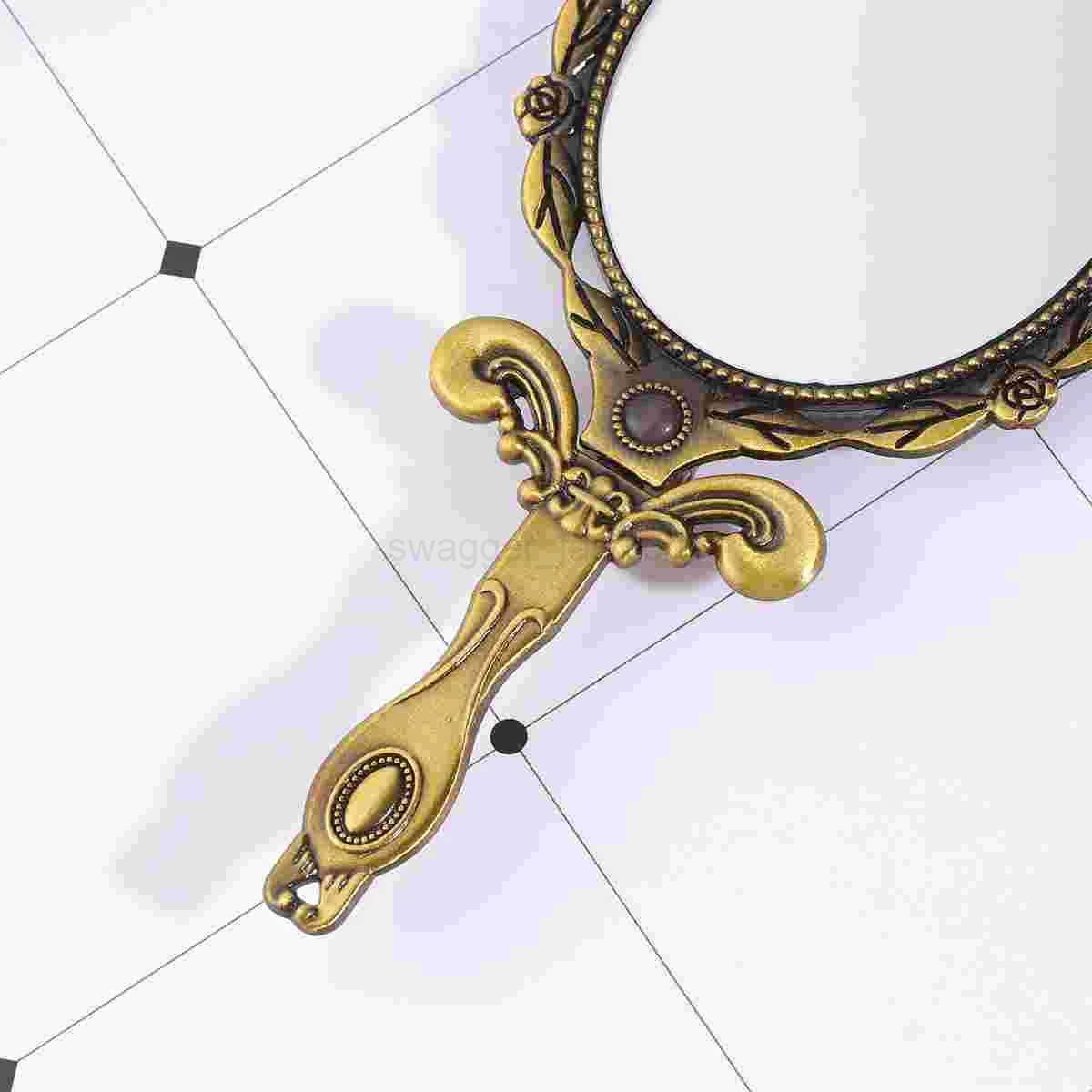 Little Hand Held Gold Mirror Womens Purse Dresser Small Handle Dressing Table Oval Miss Make upXJ240813