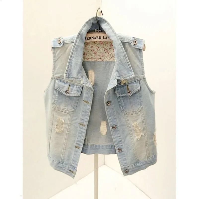 5XL Large Size Sleeveless Slim Hole Jeans Jacket Waistcoats Casual Tops Single Breasted Women Denim Jacket Vest Short Outerwear 240813