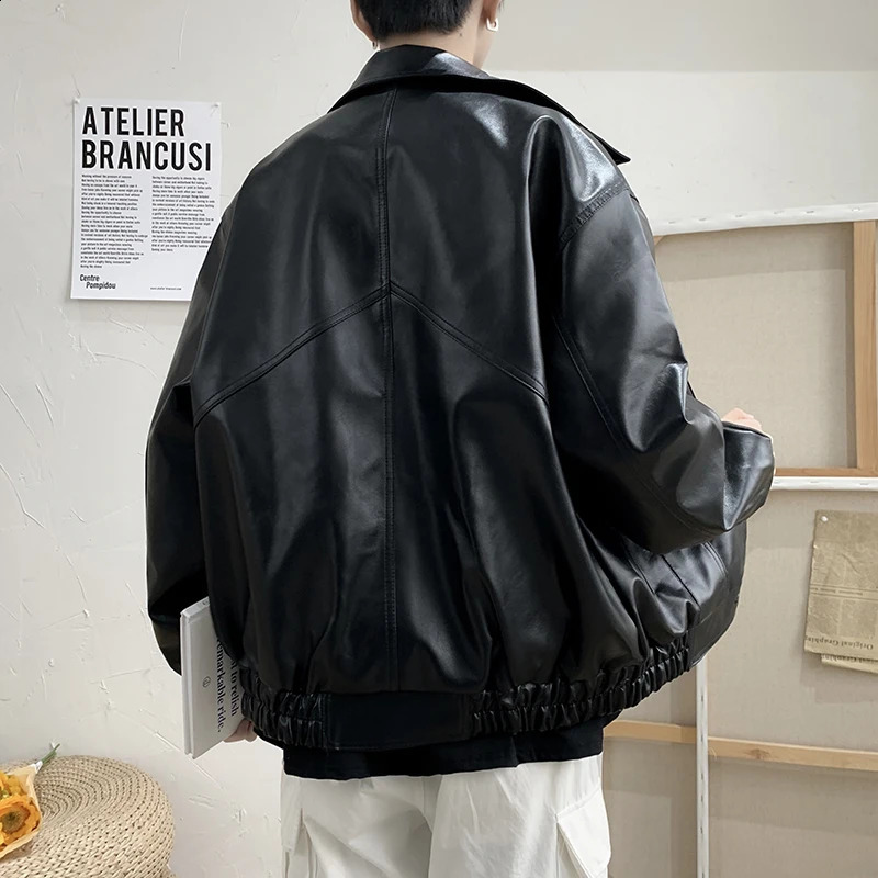 Jackets Men Pu Leather Retro Pockets Loose Korean Style Trendy Outwear Plus Size Cargo Tactical Daily Handsome All-match Clothes 240812