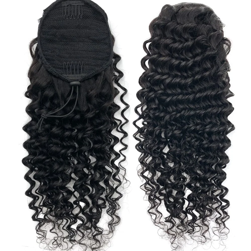 Drawstring deep wave Curly Ponytail Human Hair Brazilian Remy Hair Clip in Hair Extension Long Corn Wavy Wrap Around Ponytail Black 160g Diva24