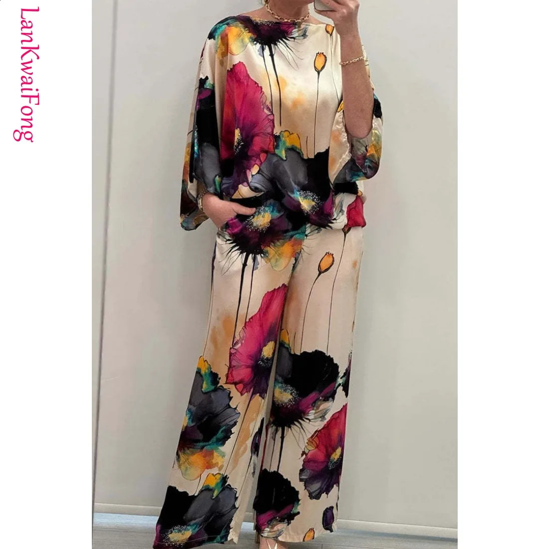 LKF 2024 Autumn Urban Elegant Womens Set Satin Loose Print Bat Sleeves Drawstring Wide Leg Pants Two Piece Set Wholesale 240813