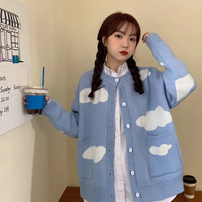 Sweet Clouds Sweater Coat Women Preppy Style Button Long Sleeve Knitted Cardigans Woman Autumn Winter O-Neck Loose Cardigan 240812