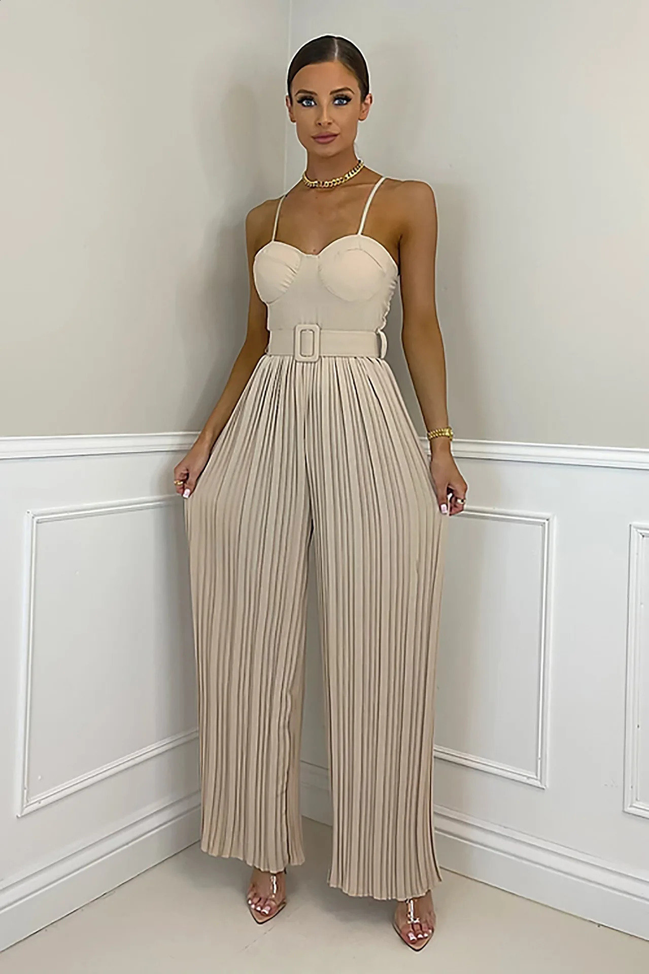 Summer Casual Suspenders Long Jumpsuit Women Sexy Fashion Solid Sleeveless Sashes Pleated Wide Leg Jumpsuit Orange Female 240813