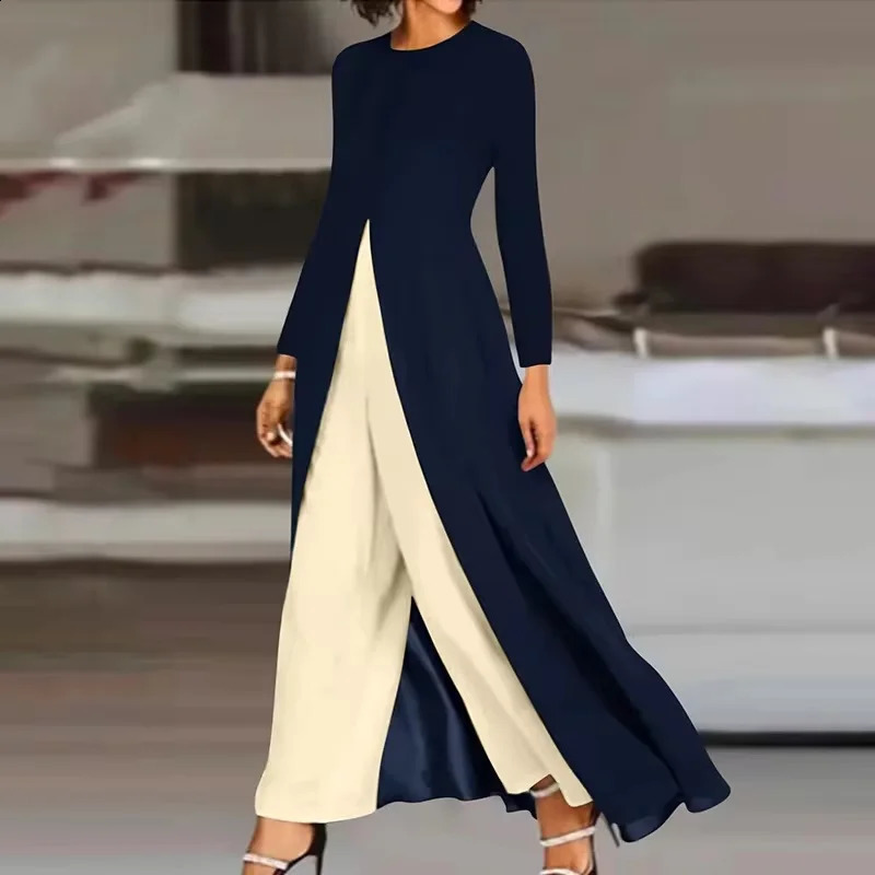 Casual Floral Loose H-Line Two-Piece Set Sexy High Slit Round Neck T-Shirt Solid Color Pants Outfits Spring Crew Neck Women Suit 240813