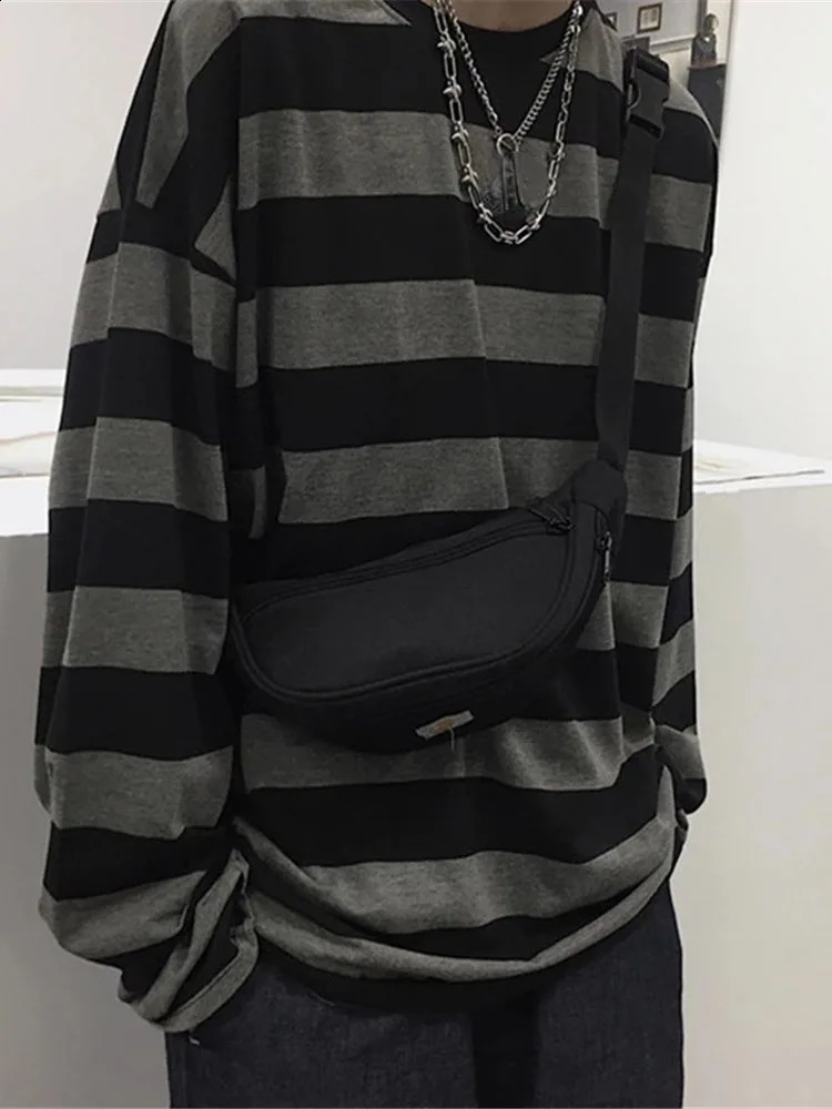 Ultra fine striped Tshirt womens Gothic top loose zipper spring long sleeved Harajuku couple 240812