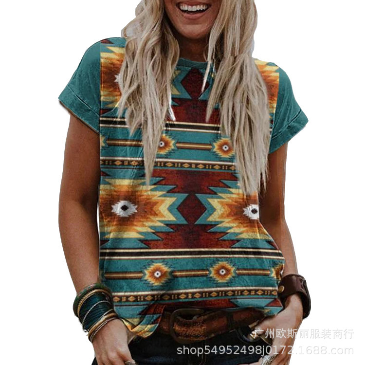 2024 New Geometric Printed Bat Short Sleeve T-shirt Blouse Top