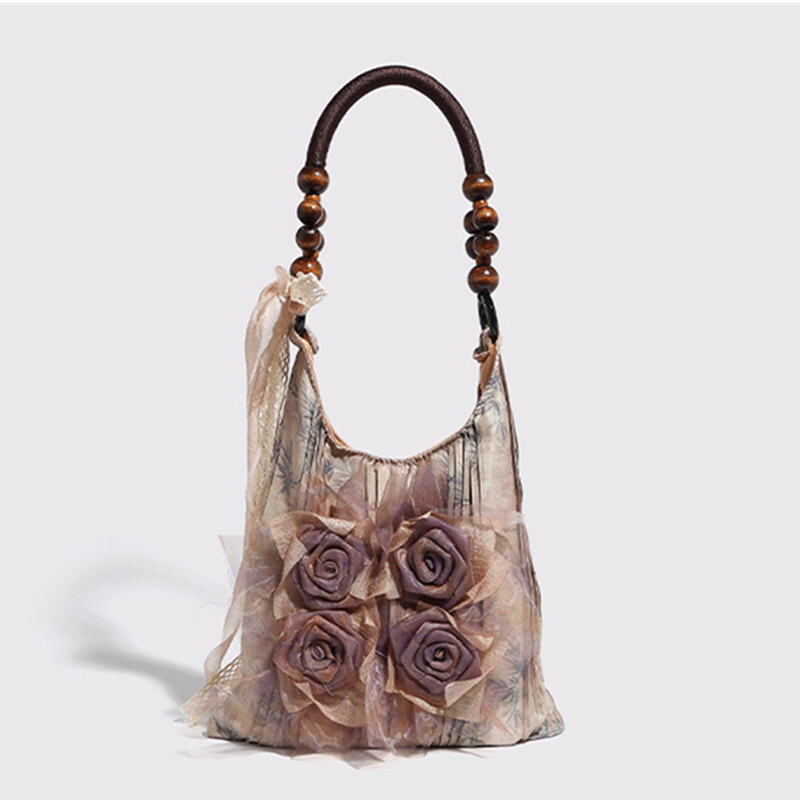 Retrotie dyed rose flower Shoulder Bag pleated underarm commuting tote bag single shoulder handbags