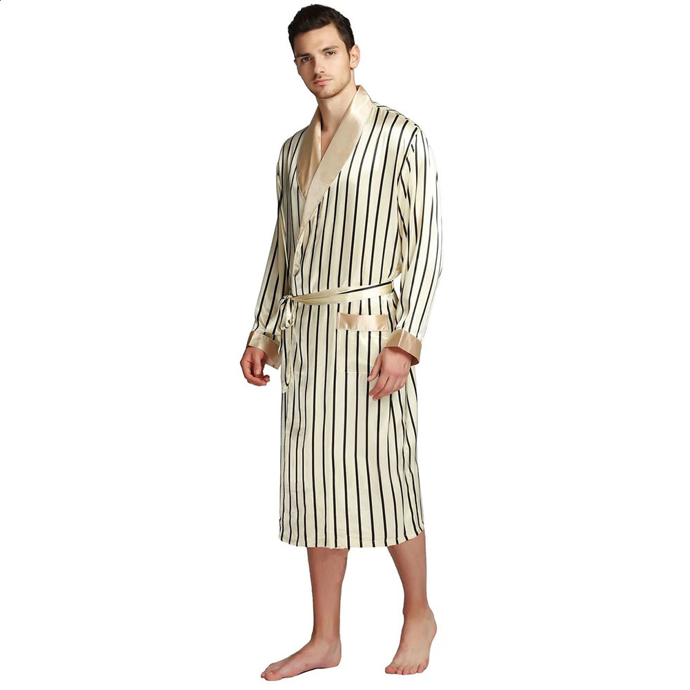 Mens Silk Satin Pajamas Pajama Pyjamas PJS Sleepwear Robe Robes Nightgown Robes S M L XL 2XL 3XL Plus Beige Blue Striped 240812