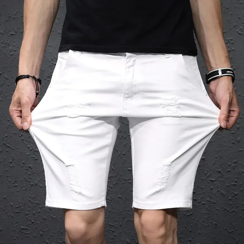 White Ripped Scratched Men Denim Shorts Casual Summer Jeans Elastic Plus Size 36 38 40 42 Black Holes Half Trousers 240812