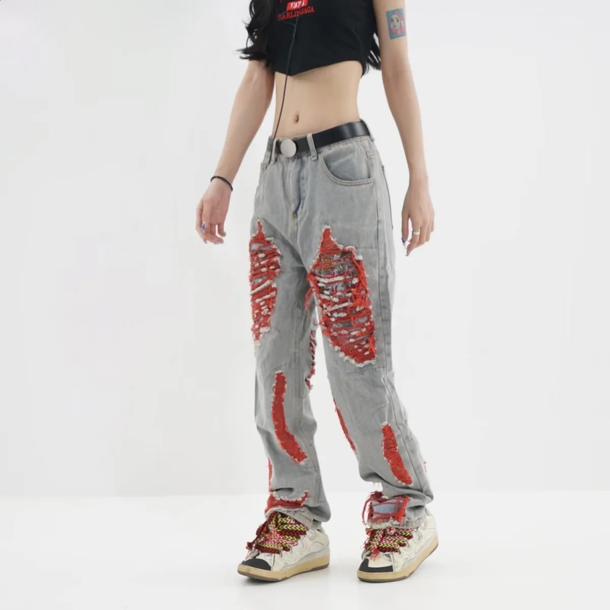 Retro Y2k Baggy Pants red Ripped Jeans Women Streetwear High Waist Gradient Color Fashion Casual Mopping Trousers y2k jeans 240813