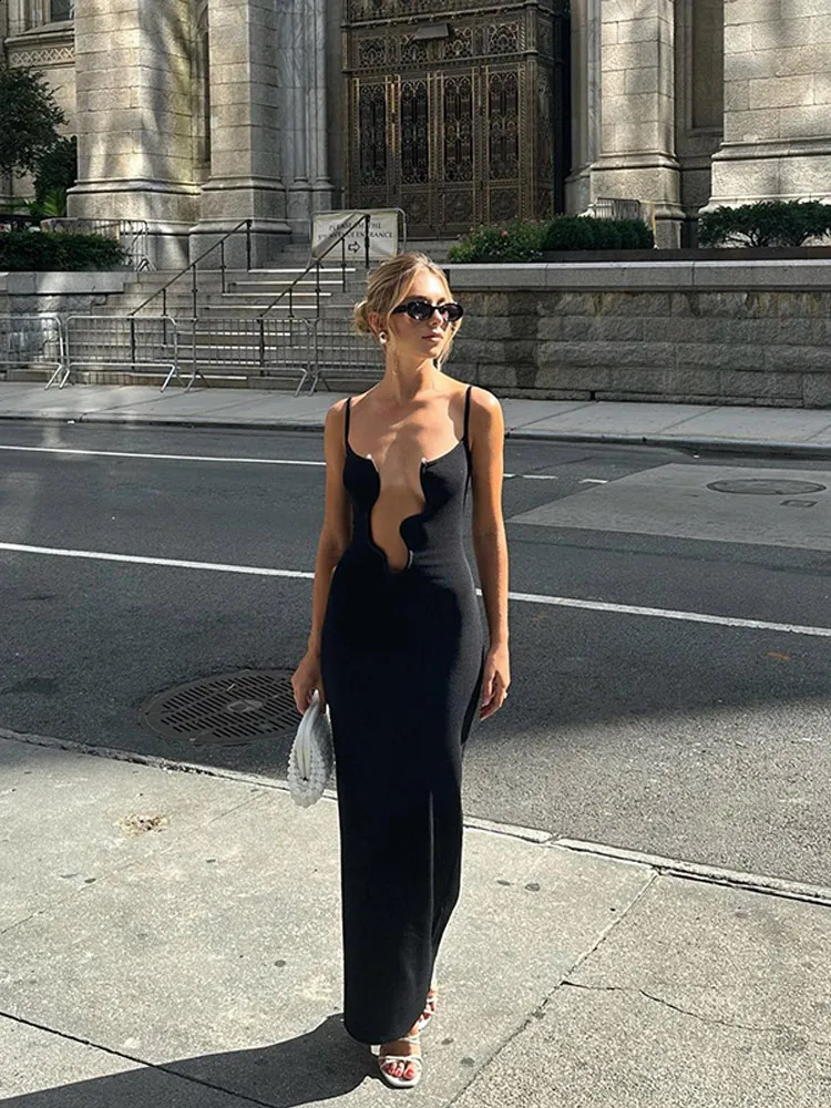 Women Sexy Hollow Out Spaghetti Strap Maxi Dress Ladies Elegant Off Shoulder Sleeveless Slim Dresses Female Club Evening Gown 240812