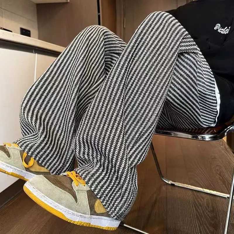 American retro black vertical striped casual pants for men and women trend lazy loose drawstring straight leg wide leg pants y2kXJ240813