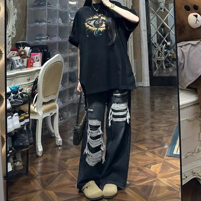 American Style High Street Retro Jeans Spring Loose Thin Straight Legs Trouser Versatile Casual Tear 240807