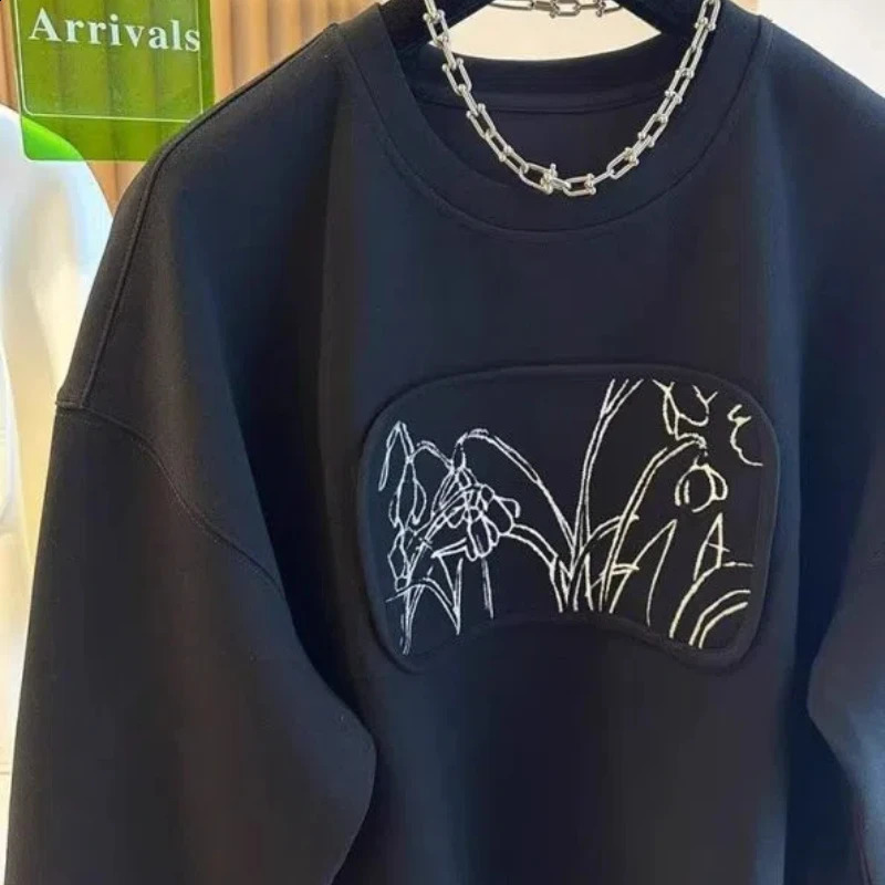 Spring Autumn Womens Clothing Pullover Lantern Long Sleeve Plant Flowers Printing Hoodies Loose Casual Stylish Round Neck Tops 240812