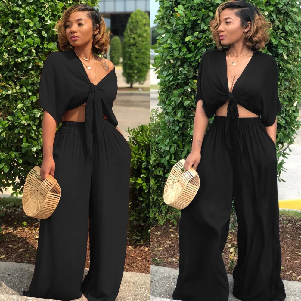 Women loose wide leg pants bandage lace up crop top 2 piece set for female women v-neck short sleeve two piece set womens suits 240813