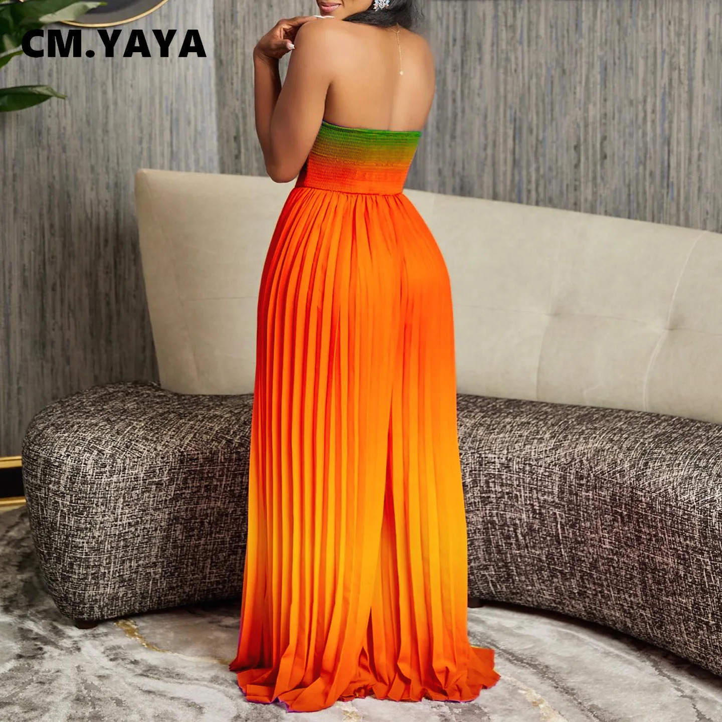 CM.YAYA Women Gradient Sleeveless Pleated Strapless Wide Leg Long Jumpsuits 2024 Summer Beach Fashion Street Sexy Outfit Rompers 240813