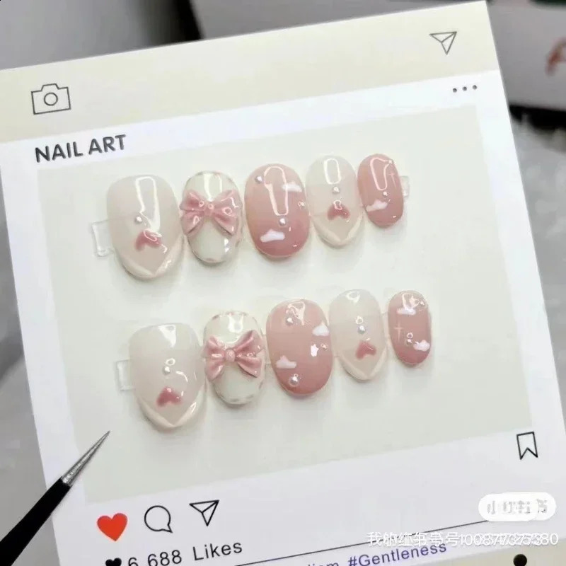 Pink Bow Handmade Wearable False Nails for Set Of Students Can Used Short T Easy Disassembly And Reuse Press On Nails Patch 240810