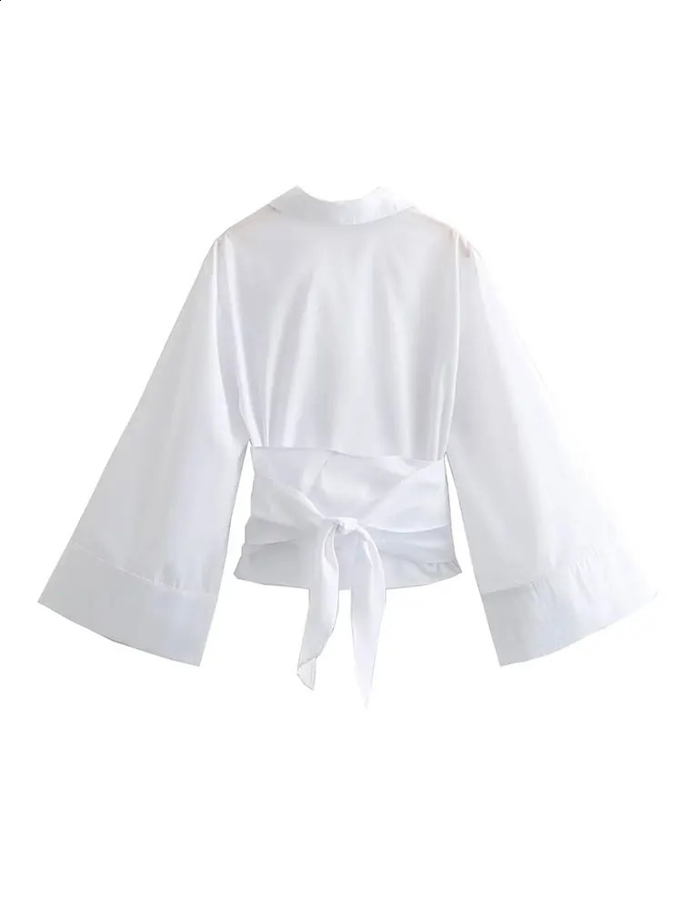 Nlzgmsj TRAF Women Fashion Back With Bow Tied Cropped White Blouses Vintage Long Sleeve Female Shirts Blouse Chic Tops 240813
