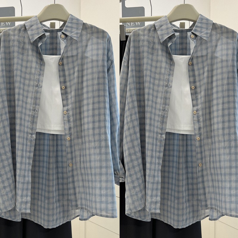 Fat girl plus size slightly chubby thi long sleeved blue checkered women s summer loose sun protection shirt cover up shirt
