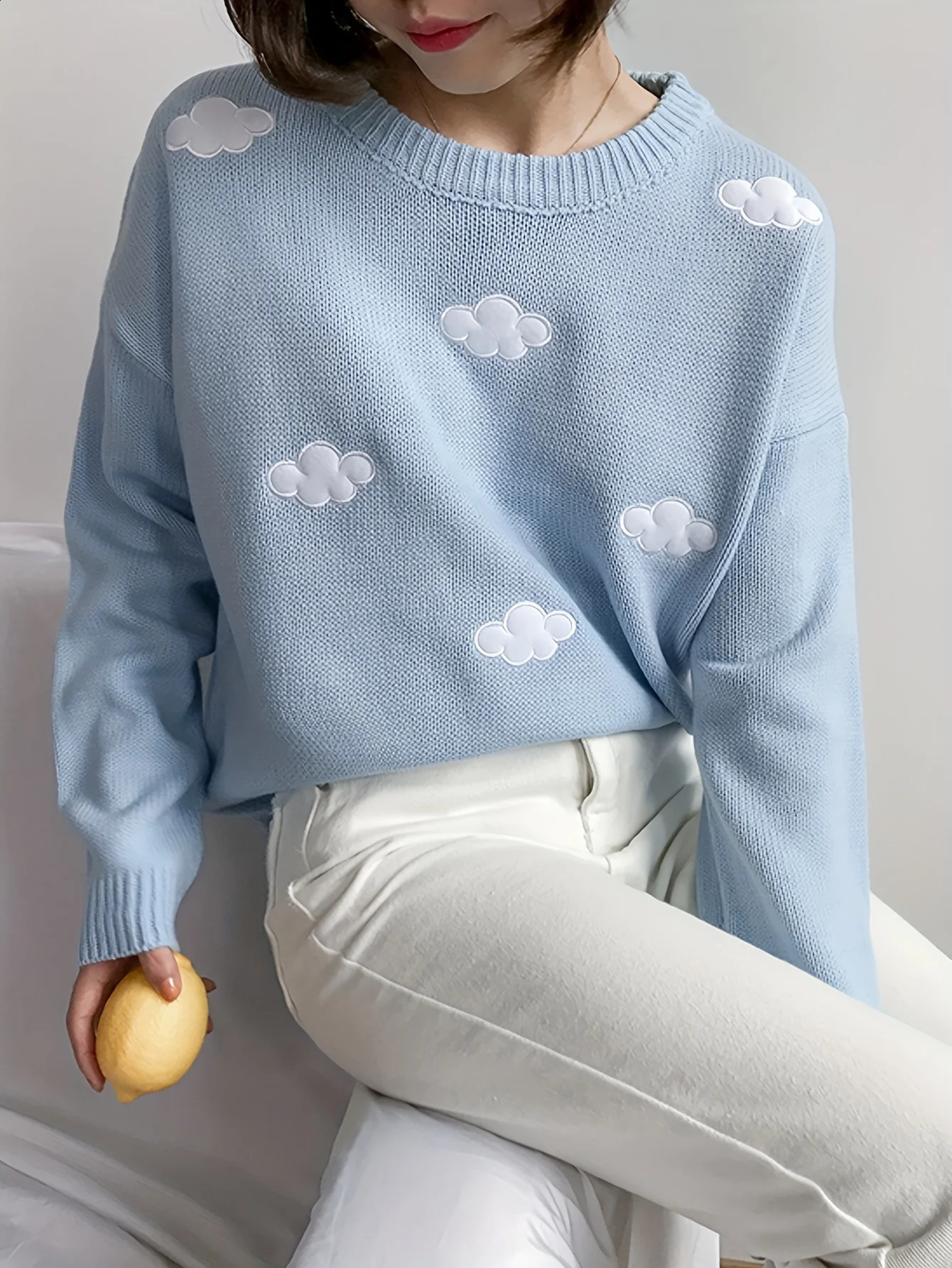 Womens Cute Cloud Embroidered Pullover Knit Sweater Winter Kawaii Preppy Style Crew Neck Knit Sweaters for Female 240812