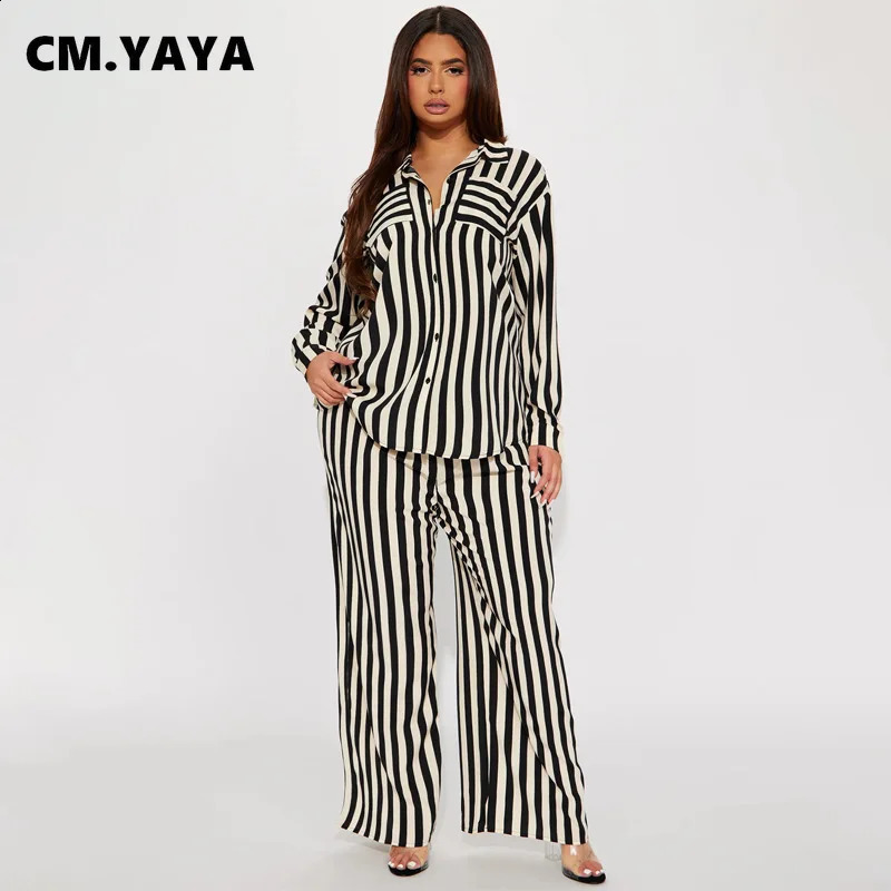 CM.YAYA Striped Womens Set Long Sleeve Pocket Shirt and Straight Wide Leg Pants Fashion Two 2 Piece Sets Outfit Tracksuit 240813