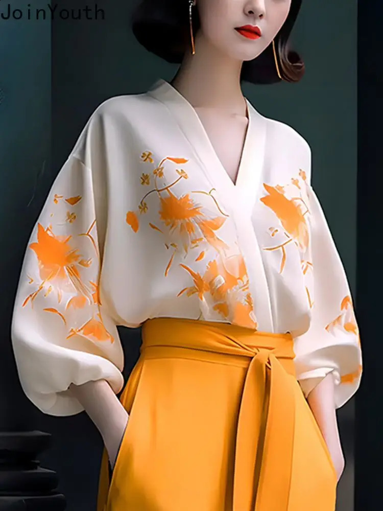 2024 Women Clothing Two Piece Sets V-neck Print Long Sleeve Shirt Bandage High Waist Wide Leg Pants Outfits Chic Vintage Suit 240813