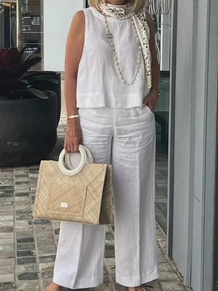 Suit For Women Summer O-neck Tank Top Wide-leg Pants Two Piece Set Female Casual Outfits Solid Ladies 2024 Summer Clothing 240813