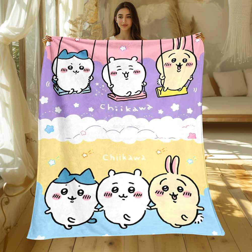 Cute Chiikawa Cartoon soft Blanket Used for Sofa Bedroom Travel Camping Livingroom Office CouchChairHomegirls GiftXJ240813