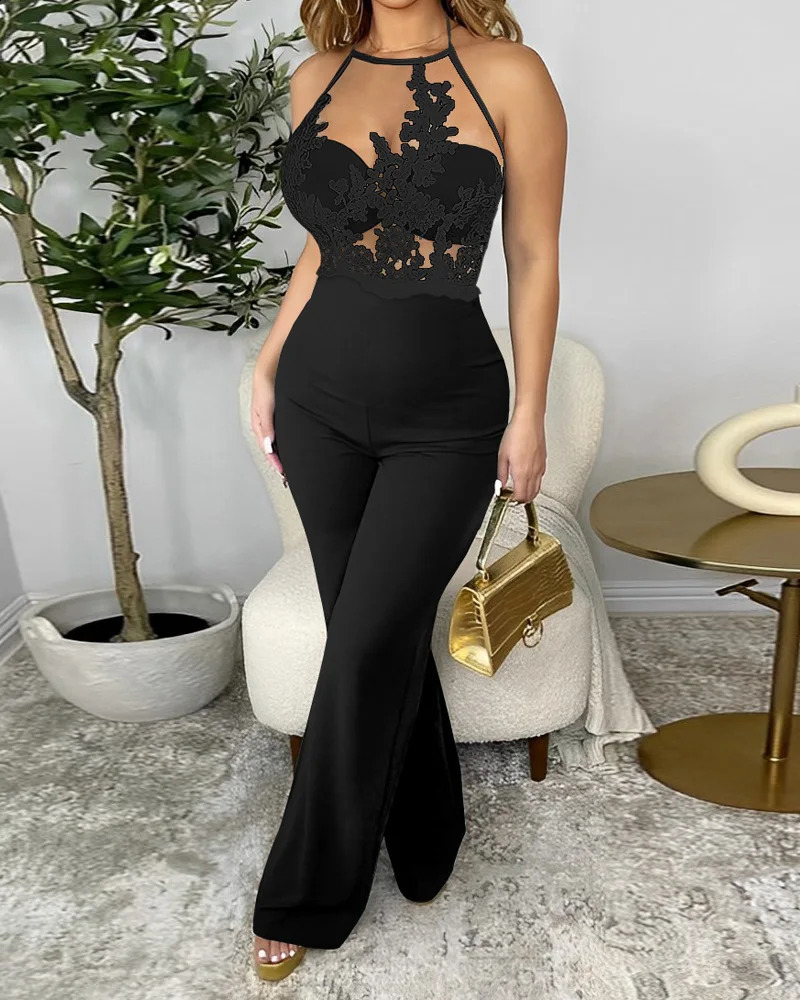 Summer Sexy Lace Spaghetti Strap Sheer Mesh Jumpsuit Women 240813