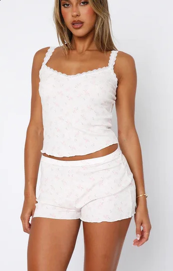 Summer Women 2 Piece Pajama Set Sleeveless Lace Trim Cami Tops Floral Shorts Sleepwear Sets Korean Chic pyjama Home Suit 240813