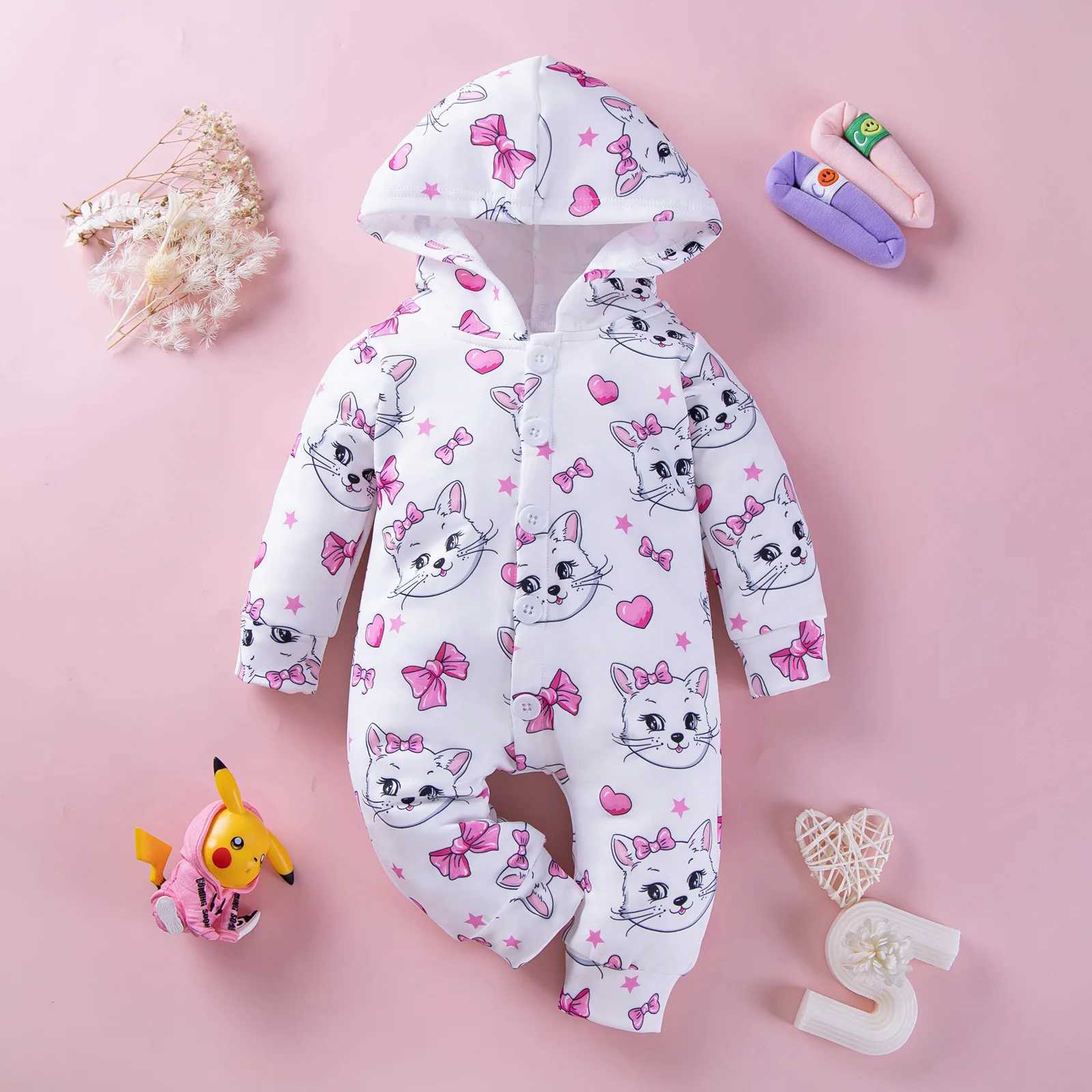 Cute cat print hood with long sleeves and long legs for autumn and winter wearing twisted buttons outside for autumn and winter W240812