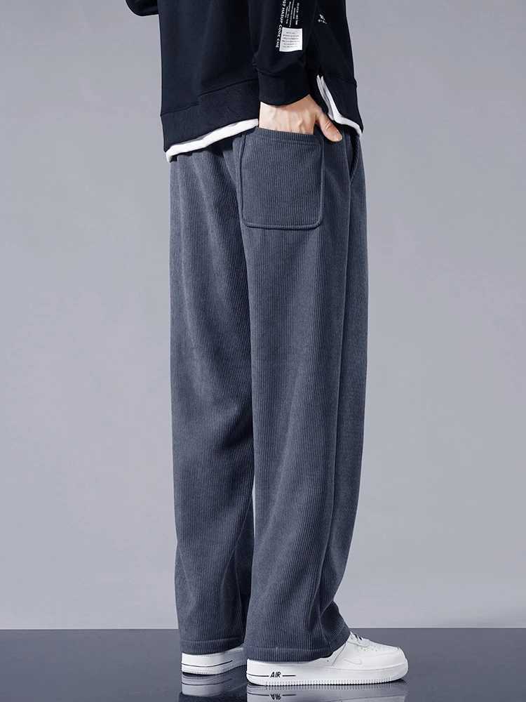 Winter Thick Warm Corduroy Sweatpants Men Fleece Liner Drawstring Straight Loose Track Pants Male Casual Fleece Thermal TrousersXJ240813