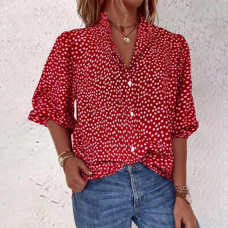 2024 polka dot mid sleeve lapel button women's oversized loose casual shirt