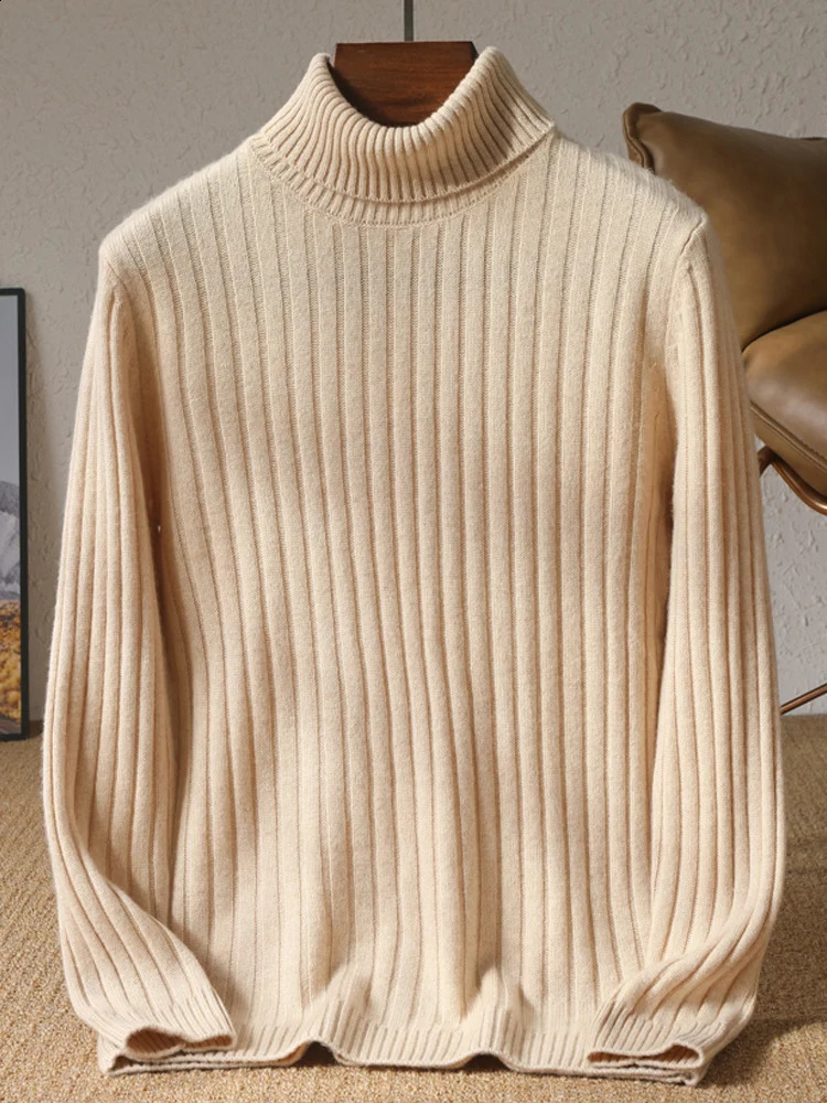 100% wool knitted Pullover mens turtle neck thick sweater business casual long sleeved top loose warm bottom shirt autumn and winter item 240812