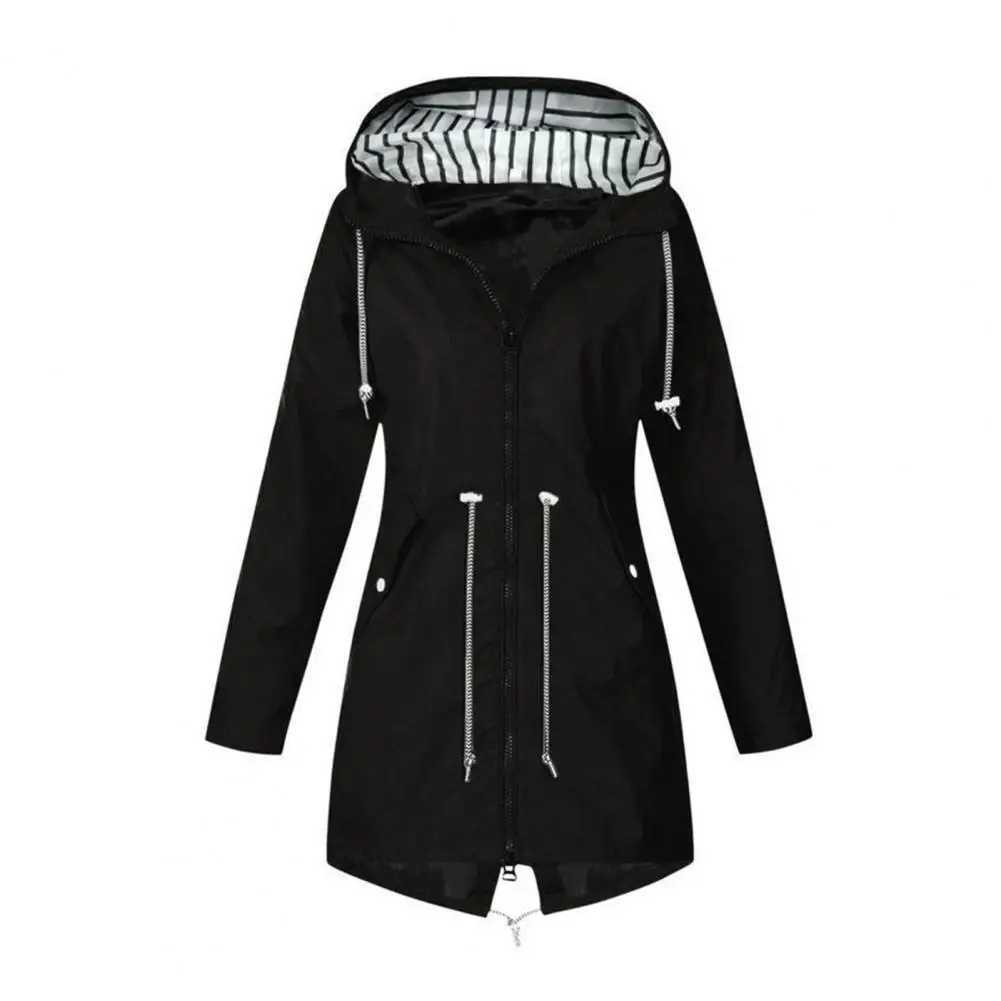 Jacket Coat Stylish Womens Waterproof Rain Jacket with Hood Drawstring Closure Spring Autumn Coat with Side Pockets Zipper Y240810