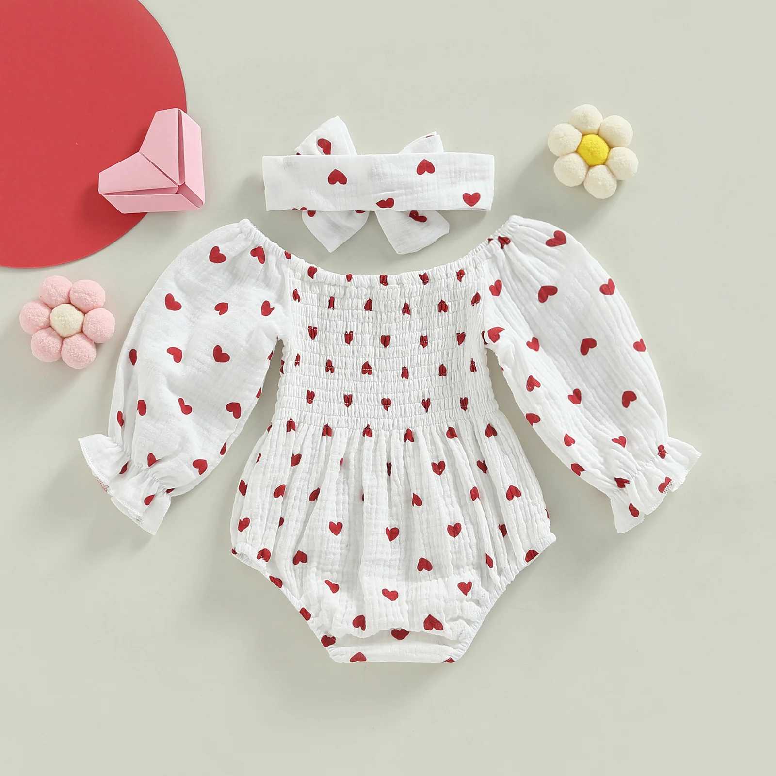 Baby Girls Valentines Day Romper heart-shaped printed long sleeved boat neck jumpsuit for babies autumn and winter tight fitting clothes W240812