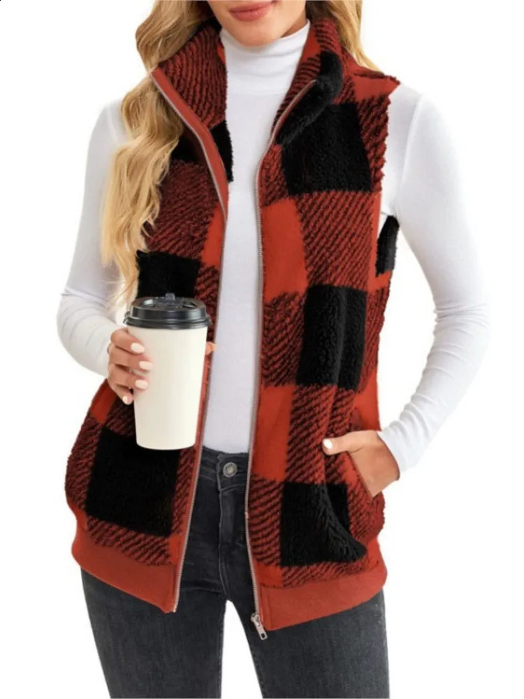 Autumn Winter Plaid Fleece Hoodie Vest Womens Cardigan Fashion Stand Collar Simple Casual Pocket Sleeveless Female Office Coat 240813