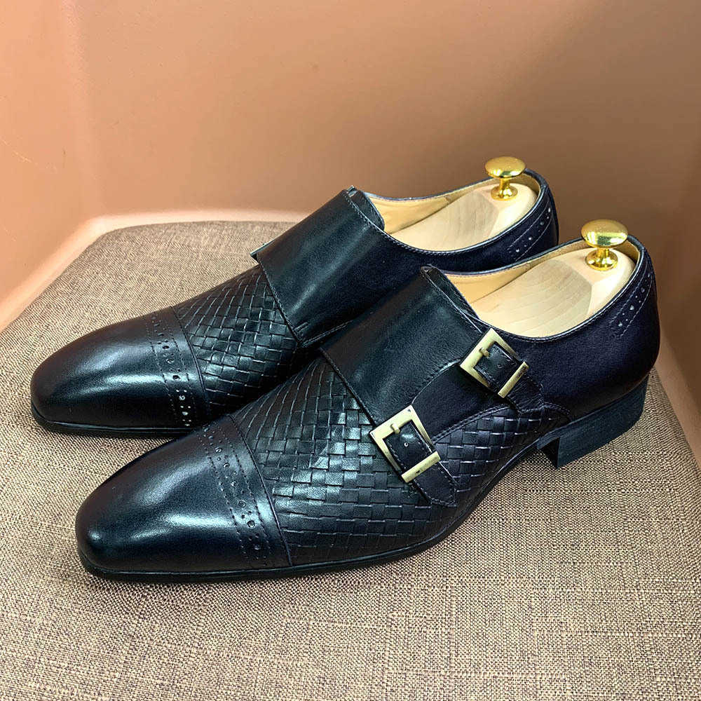 CMM Luxury Mens Business Casual Shoes Blue Genuine Leather Double Button Monk Shoes Top Layer Cowhide Pointed Mens Mengke Shoes
